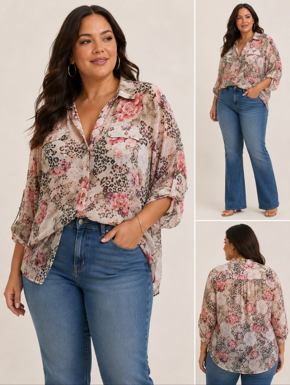 dressbarn Floral & Leopard Mixed-Print Button-Up Blouse - Pink, Cream, Black